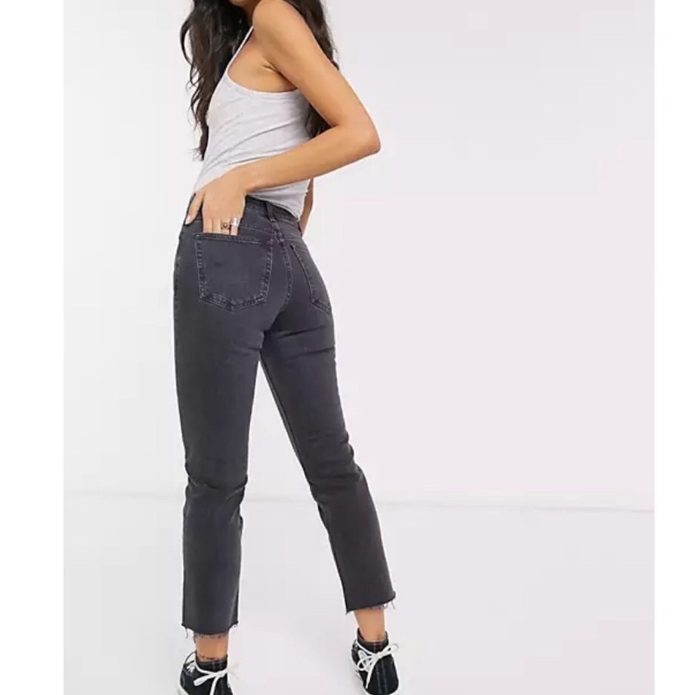 Topshop High Waist Grey Straight Raw Hem Jeans